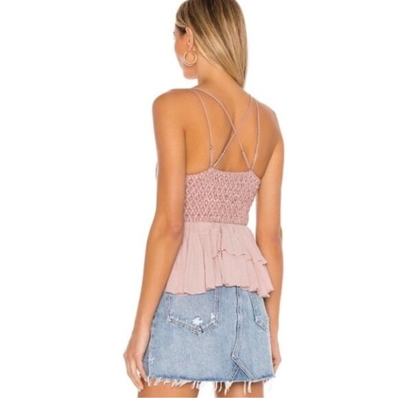 Free People Adella Crop Top Lace Cami Size Small Ruffle Tiered Smocked-Back NEW - Picture 5 of 8